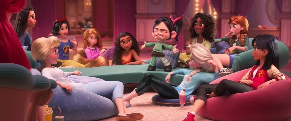 Ralph Breaks the Internet (2018) movie still: wide — A spacious lounge area is filled with colorful beanbag chairs and plush furniture. Several…