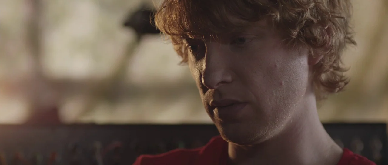 Frank (2014) movie still: closeup — An interior space with a blurred, nondescript background featuring muted textures. A young man with wavy ginger…