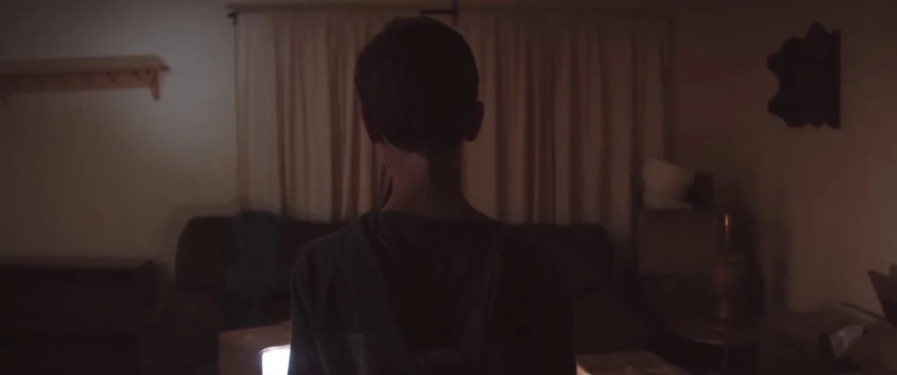 The Strange Ones (2017) movie still: medium — A dimly lit room features a sofa placed before large fabric window curtains. A person stands facing…
