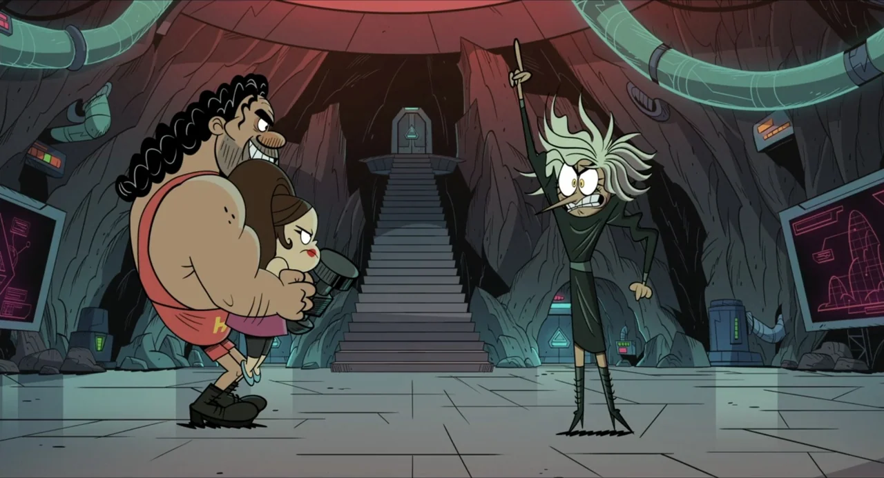 No Time to Spy: A Loud House Movie (2024) movie still: fullbody — An underground lair features a central staircase leading to a metallic door. A…