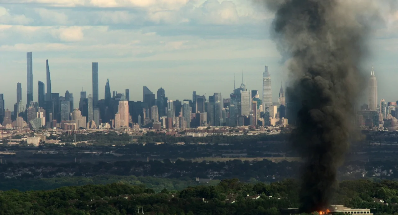 Civil War (2024) movie still: establishing — The New York City skyline stands in the distance under a partly cloudy sky. A large plume of dark smoke…