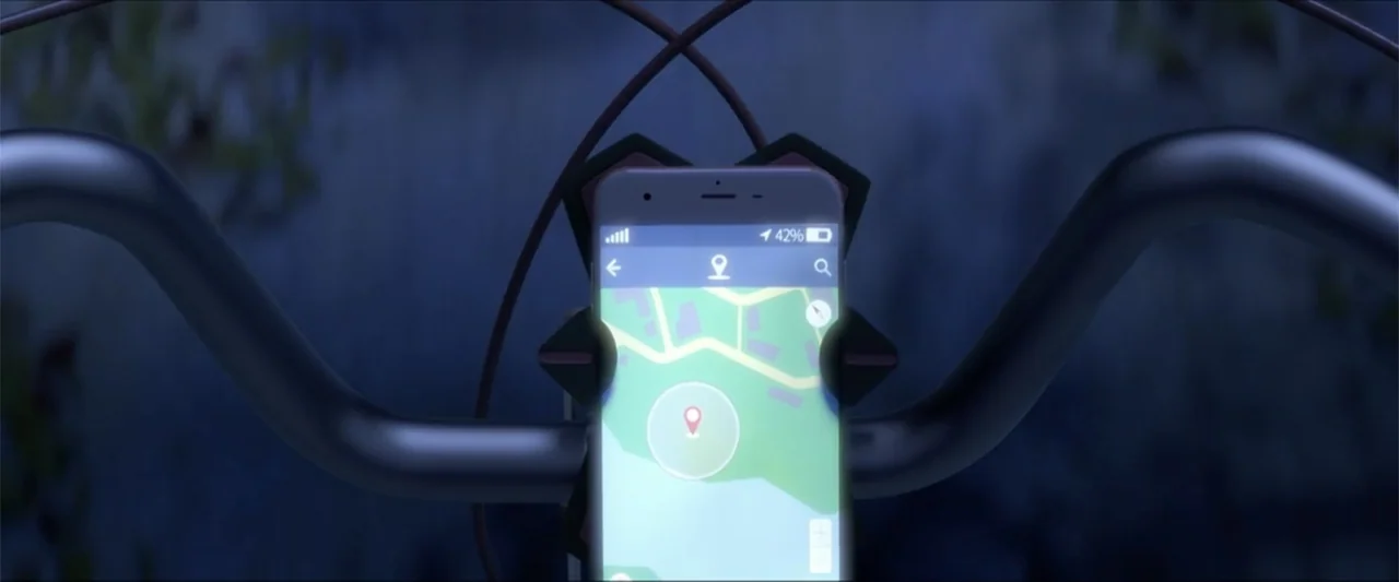 Boonie Bears: The Big Shrink (2018) movie still: closeup — A stylized smartphone mounted on bicycle handlebars displays a navigation map interface…
