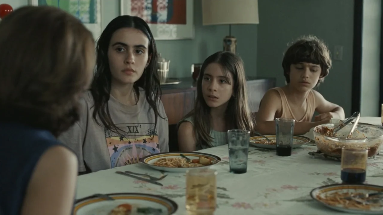 I'm Still Here (2024) movie still: medium — A quiet dining room with teal walls features a table set for dinner. Three children sit at the table…