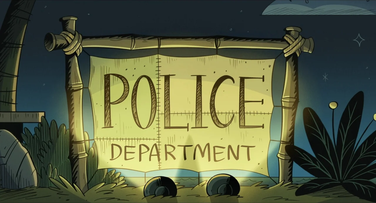 No Time to Spy: A Loud House Movie (2024) movie still: establishing — A sign reading POLICE DEPARTMENT sits on bamboo supports in a dark outdoor…