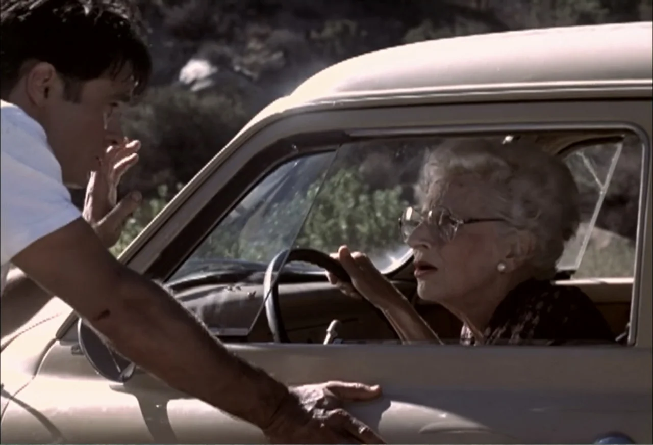 Black Cat Run (1998) movie still: medium — A man stands outside a vintage sedan parked along a dry, rugged roadside. The man speaks to an elderly…