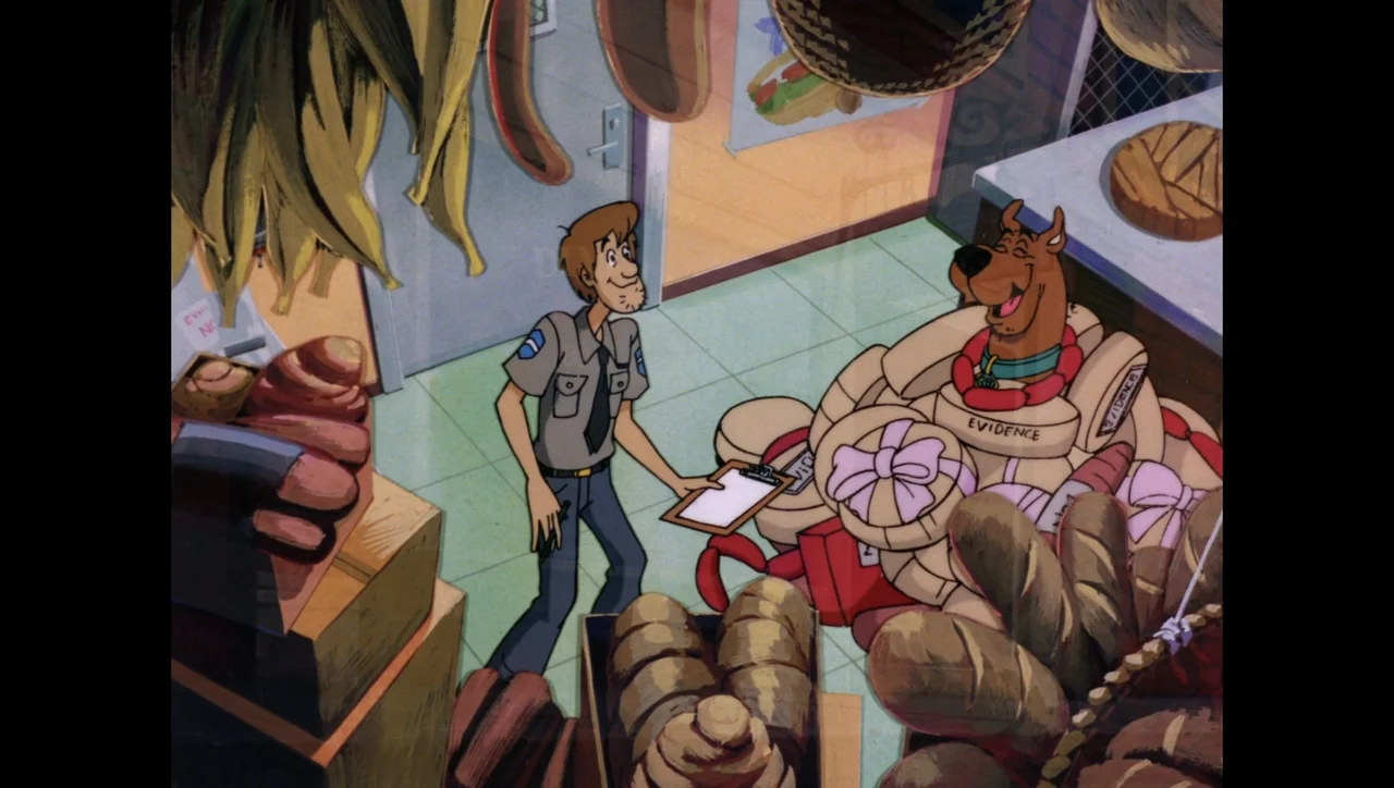 Scooby-Doo on Zombie Island (1998) movie still: medium — A cluttered room contains numerous boxes labeled evidence stacked alongside hanging cured…