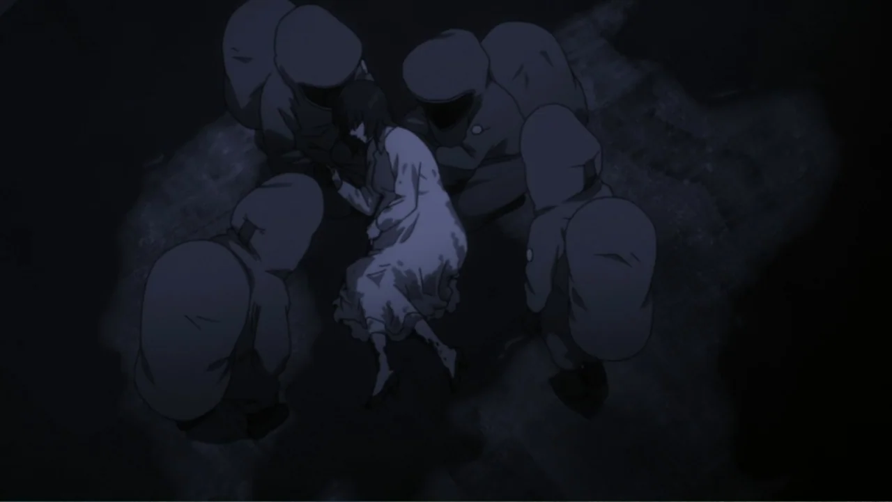 Ghost in the Shell: The New Movie (2015) movie still: fullbody — Four figures in full hazmat suits kneel on dark pavement around a woman. The woman…