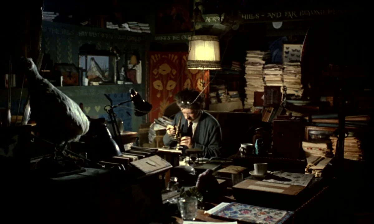 Wonderwall (1968) movie still: medium — A cluttered, dim room contains stacks of papers, a taxidermy bird, and various antique instruments. A man…