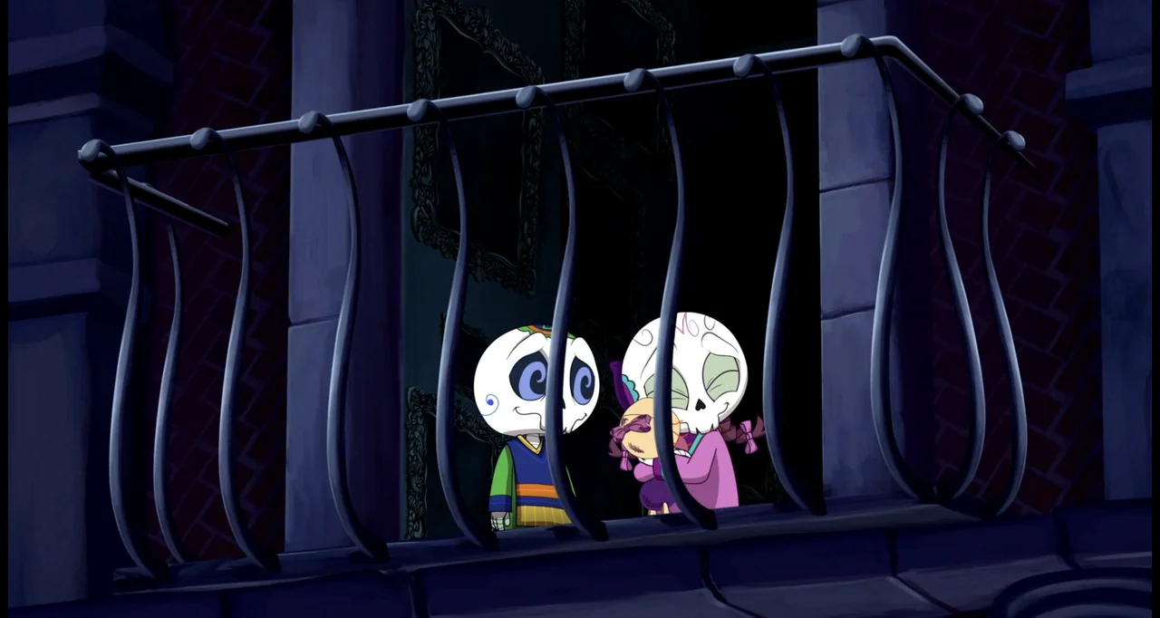 Las leyendas: El origen (2021) movie still: medium — A dark balcony railing frames two stylized skeleton characters standing against a pitch-black…