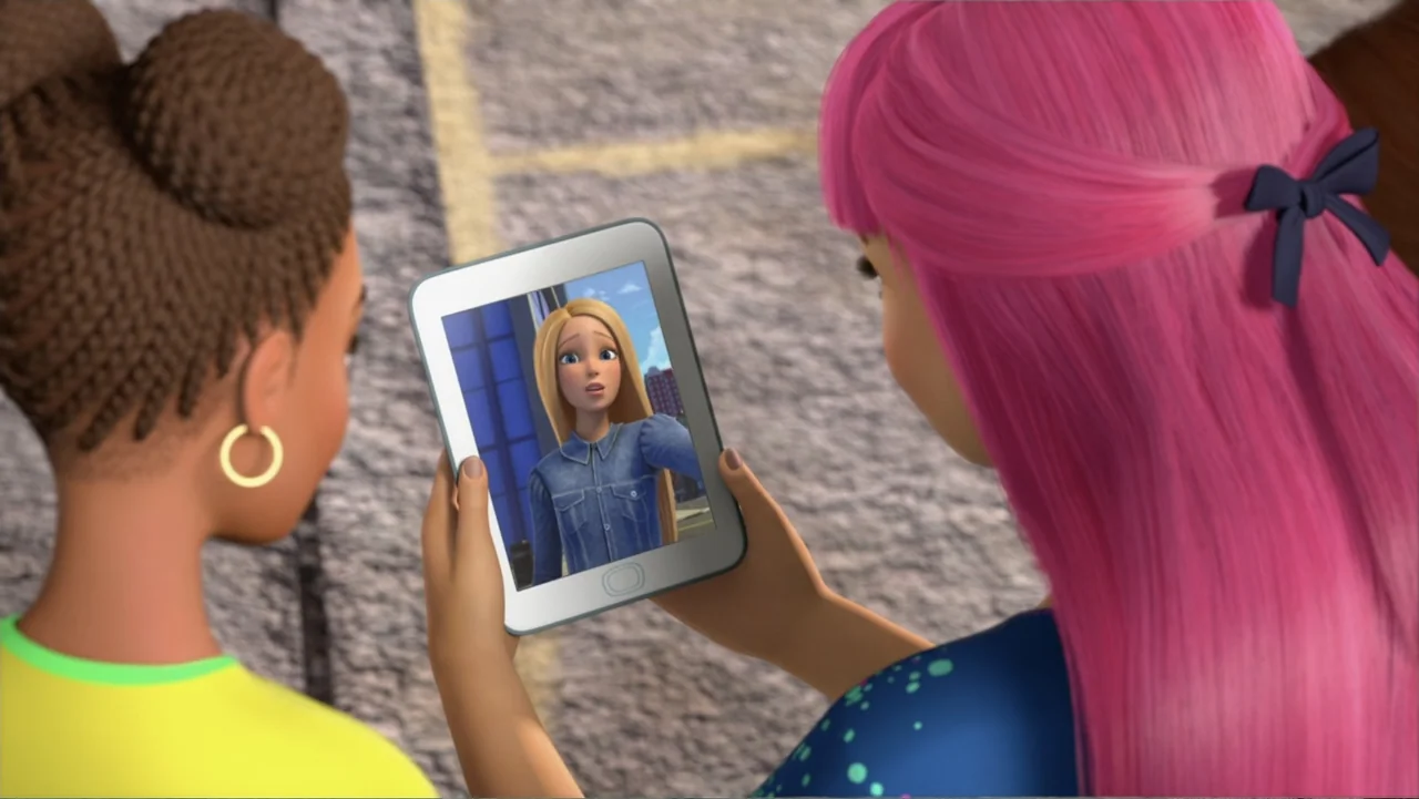 Barbie: Big City, Big Dreams (2021) movie still: medium — Two people viewed from behind hold a digital tablet showing a video call. The background…