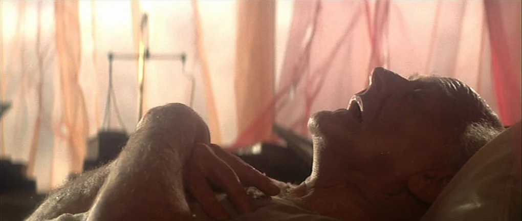 Zardoz (1974) movie still: closeup — A hospital room is filled with bright light and translucent, flowing pink curtains. An elderly man lies on a…