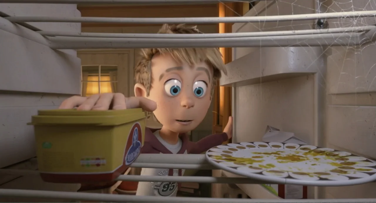 Luis and the Aliens (2018) movie still: medium — A view from inside a refrigerator looking out at a child reaching for food. The boy leans in toward…