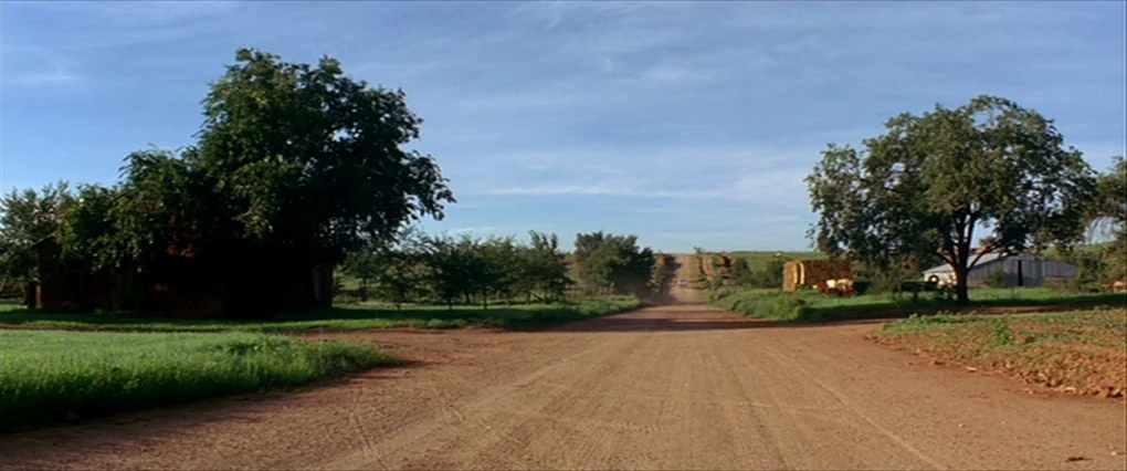 Silent Light (2007) movie still: establishing — A rural dirt road stretches through open land with trees and a small structure. Distant rolling…