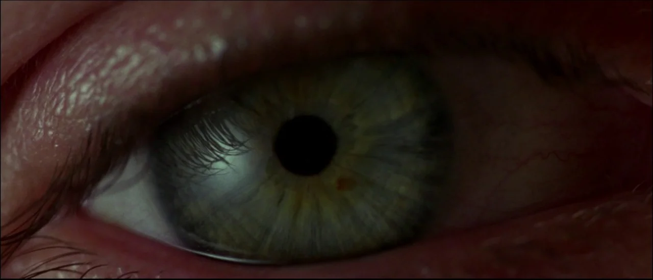 Strange Days (1995) movie still: closeup — A extreme close-up of a human eye with a central dark pupil. Fine skin textures and small red blood…
