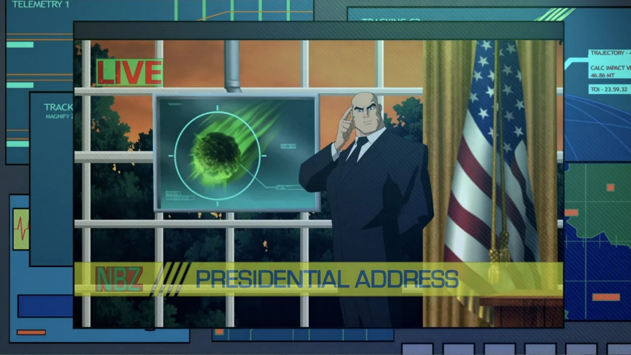 Superman/Batman: Public Enemies (2009) movie still: medium — A bald man in a suit stands in a room with a large window and flag. He gestures toward…