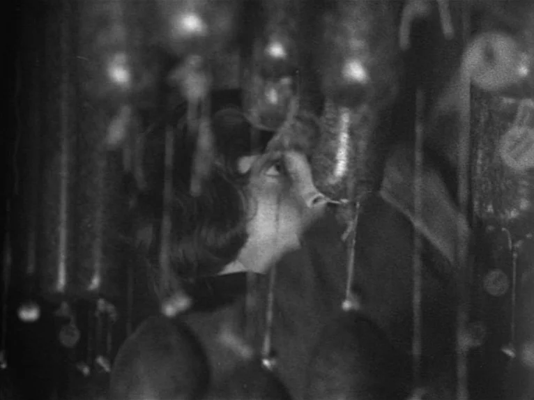 Family Nest (1979) movie still: closeup — A dark space filled with numerous hanging cured sausages suspended from the ceiling. A young girl peers…