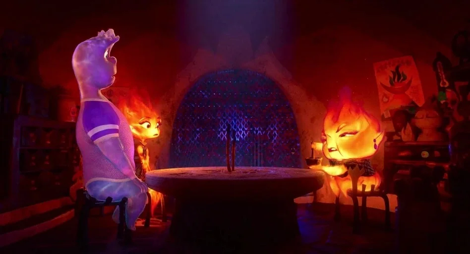 Elemental (2023) movie still: wide — A dimly lit room features a stone table centered under a bright light source. Three fantastical characters sit…