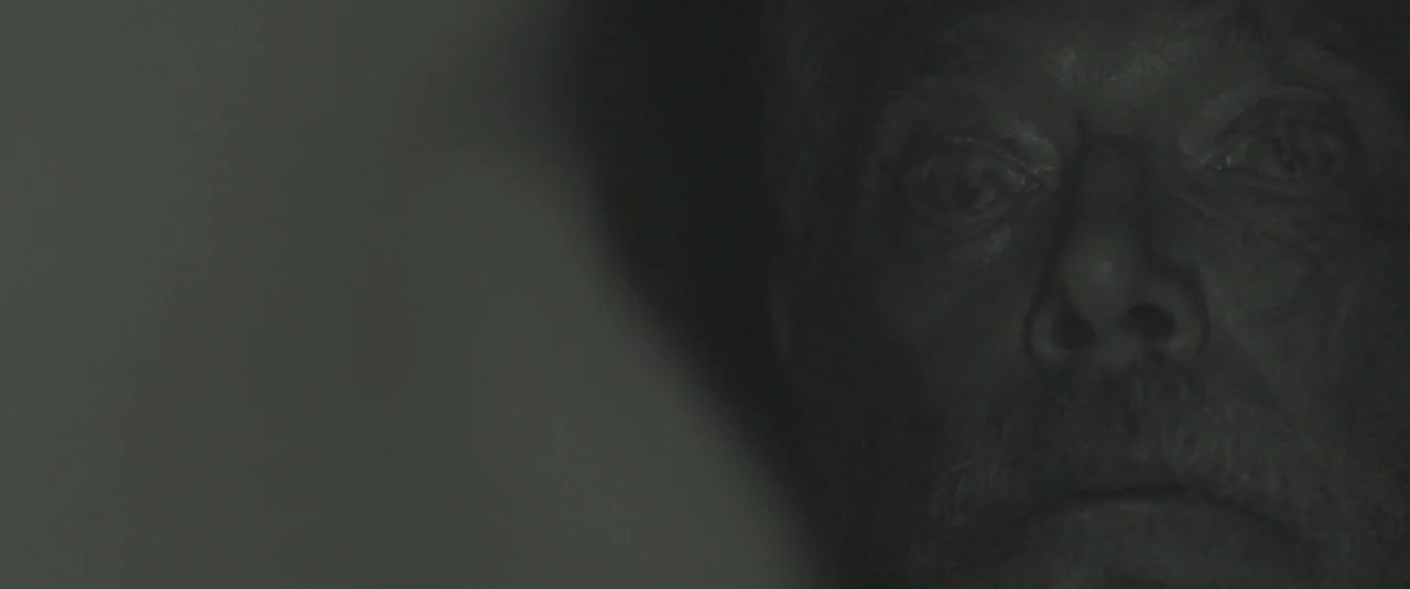 Don’t Breathe (2016) movie still: closeup — An extremely dark and indeterminate space frames the close-up of a man. The man stares forward with eyes…