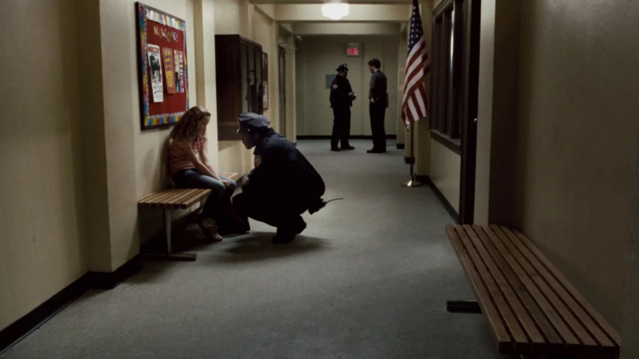 Saw IV movie still: fullbody — A long corridor features beige walls, wooden benches, and an American flag. A police officer crouches while talking…