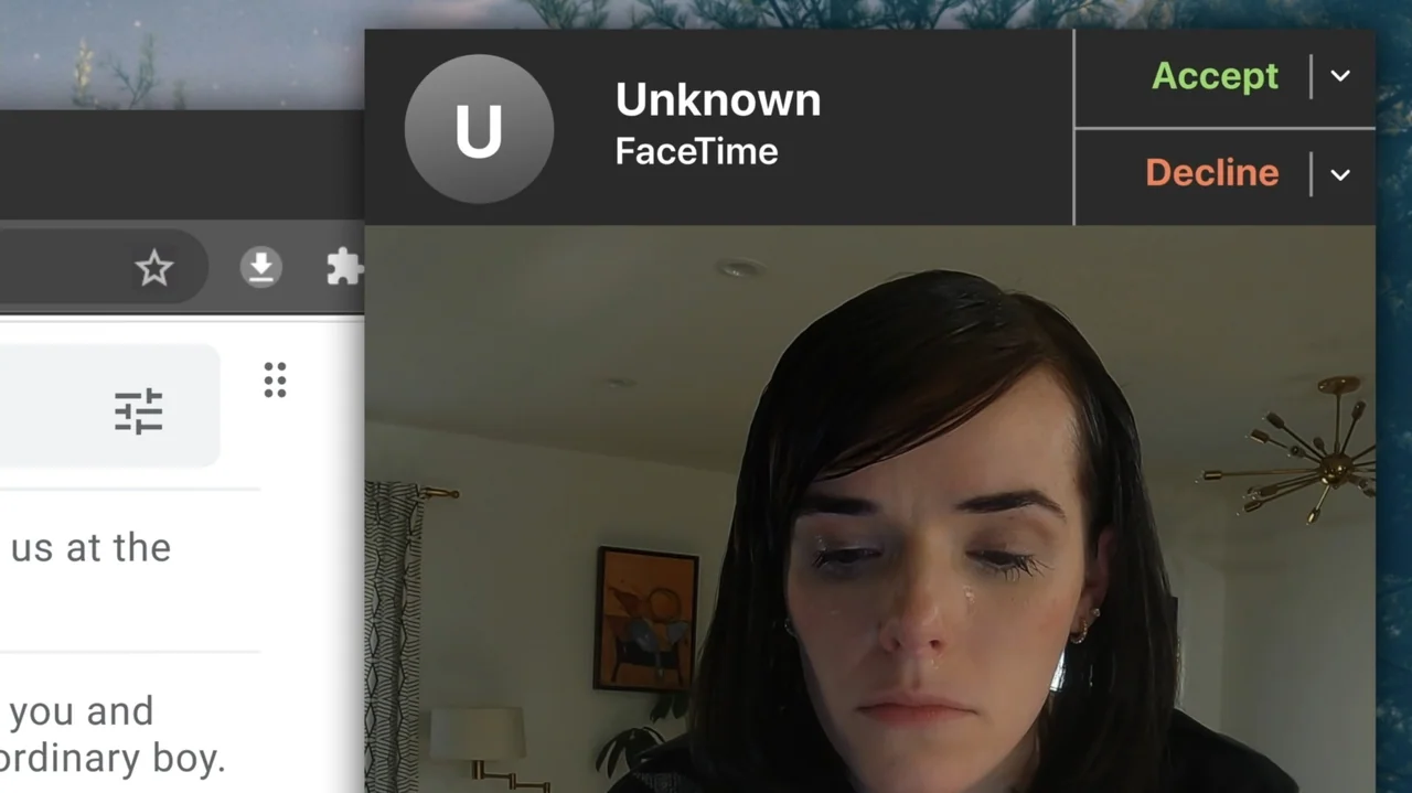 Resurrected (2023) movie still: medium — A person is shown on a laptop screen within a digital FaceTime interface window. A young woman with damp…