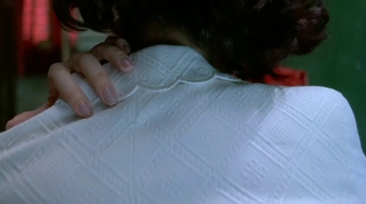 Dumplings (2004) movie still: closeup — A dark indoor space with a dimly visible green wall and red fabric elements. A hand with light skin rests…
