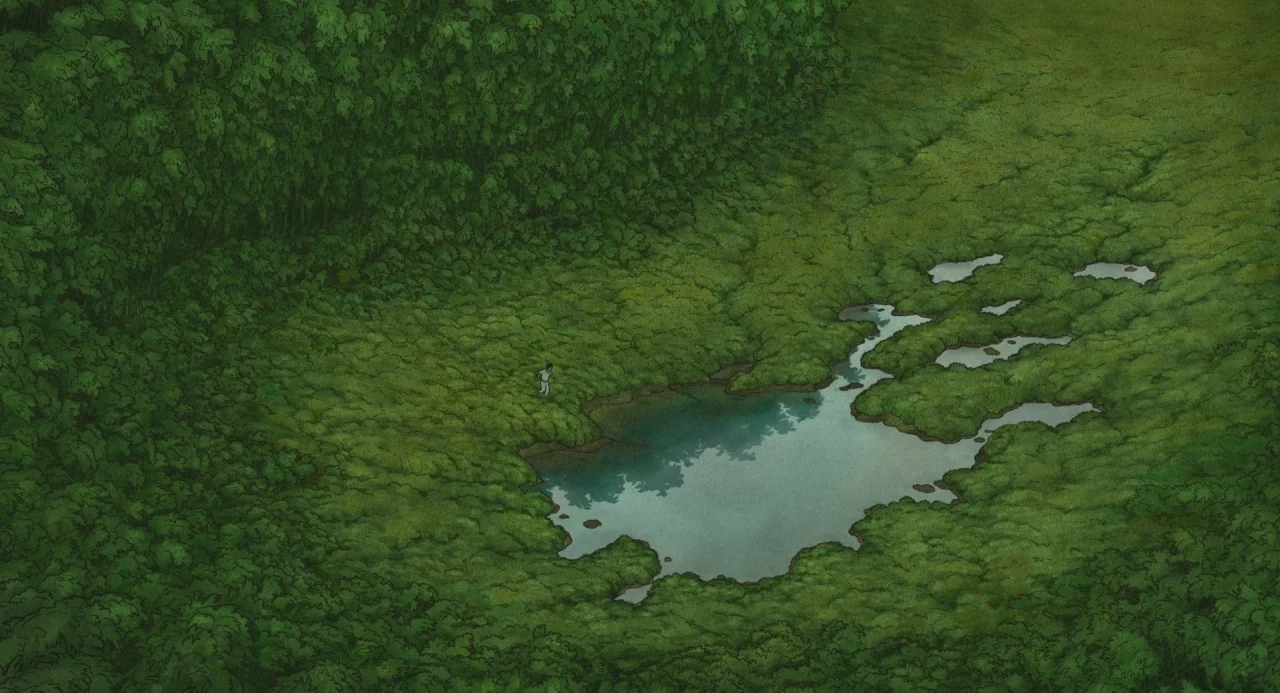 The Red Turtle (2016) movie still: establishing — A dense, overgrown landscape features a small, calm pond surrounded by tall green foliage. A lone…