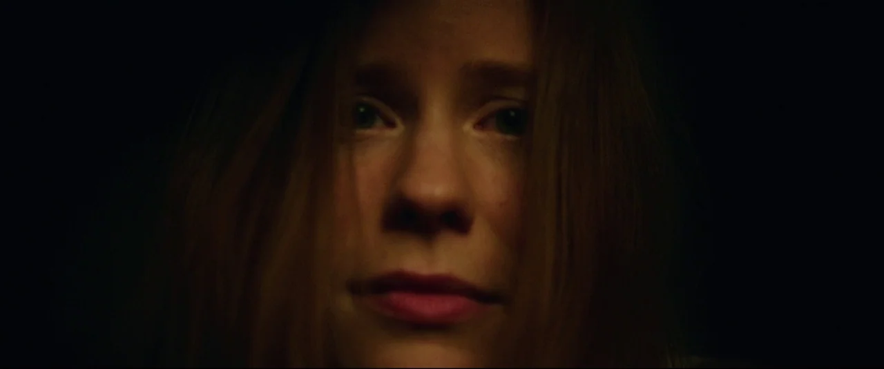 Captain Fantastic (2016) movie still: closeup — A woman's face is positioned in the center of an otherwise dark, undefined space. Her features are…