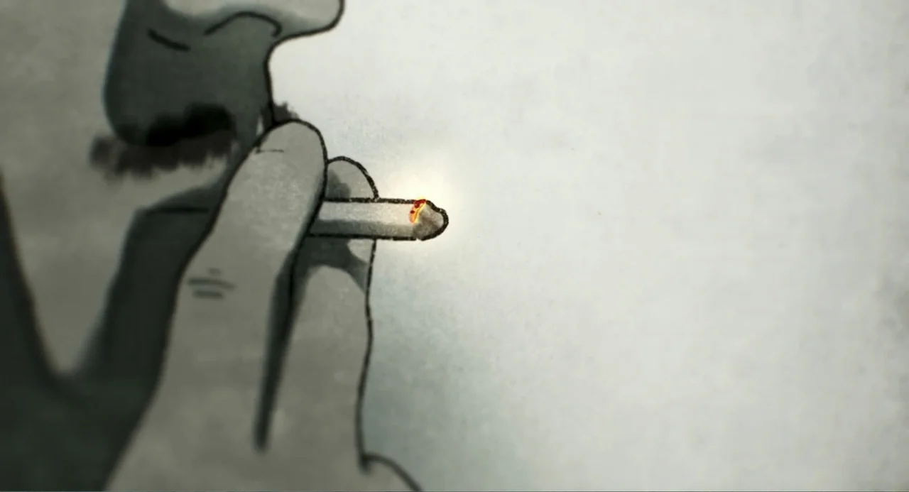 Free Chol Soo Lee (2022) movie still: closeup — A minimalist animated sketch depicts a person holding a lit cigarette against a void. The glowing…