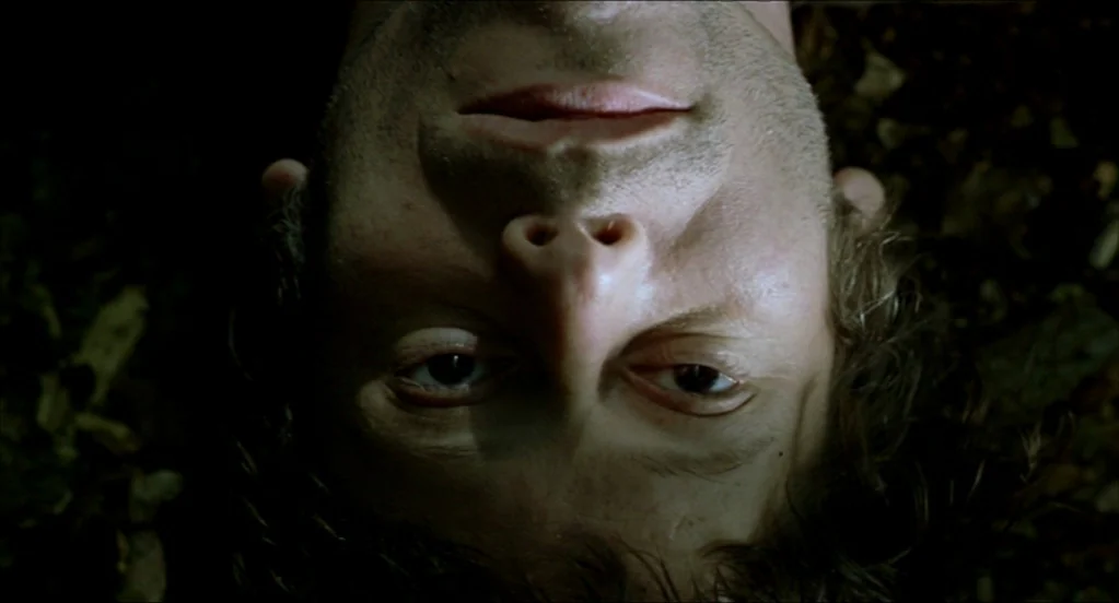 On War (2008) movie still: closeup — A man lies on the dark ground outdoors at night. His face is positioned upside down in the frame.