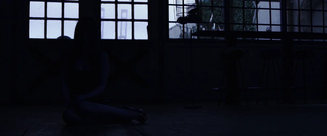 American Mary (2012) movie still: medium — A dimly lit room features a woman sitting on the floor before barred windows. The background includes a…