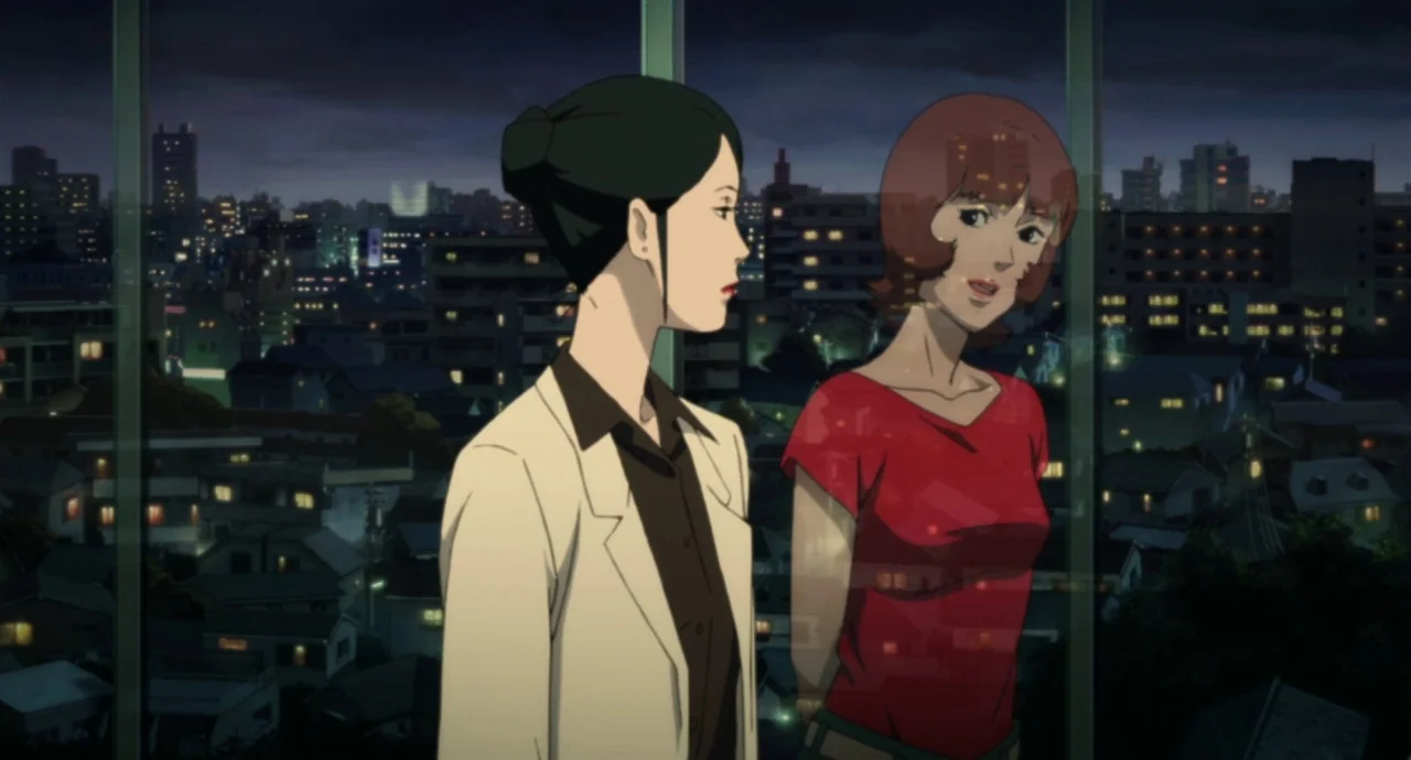 Paprika (2006) movie still: medium — An anime high-rise apartment overlooks a sprawling city at night through glass walls. Two women stand inside…