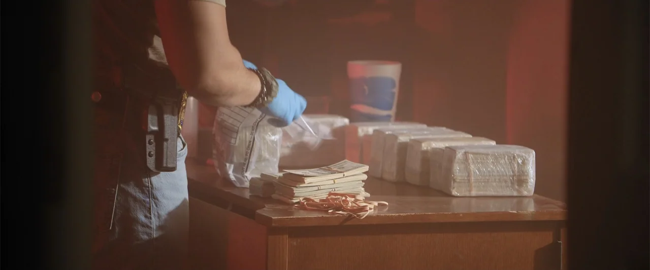 Trap House (2025) movie still: medium — A wooden desk covered with stacks of cash wrapped in plastic and rubber bands. A person wearing light blue…