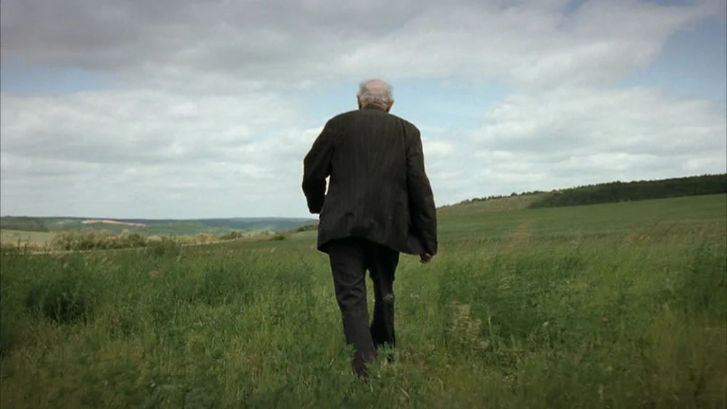 Everything Is Illuminated (2005) movie still: fullbody — A vast, rolling green meadow stretches toward a distant tree line under a cloudy sky. An…