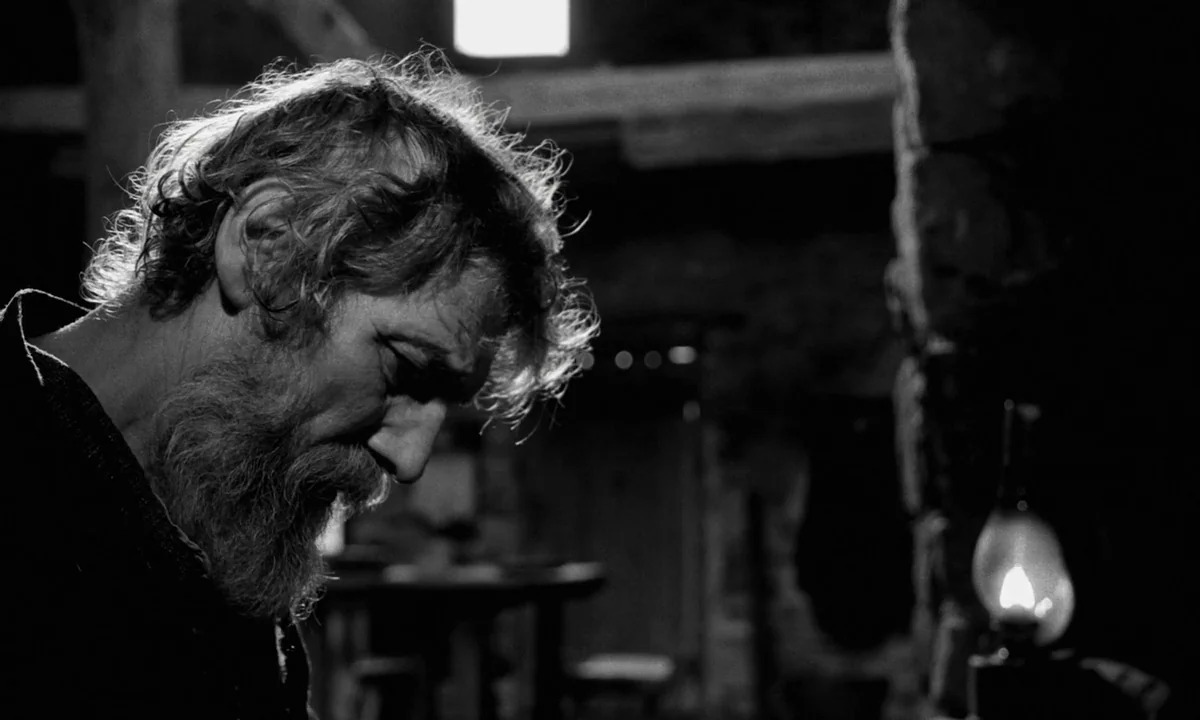 The Turin Horse (2011) movie still: closeup — A dimly lit room with stone walls and wooden structural beams visible in darkness. An elderly man with…