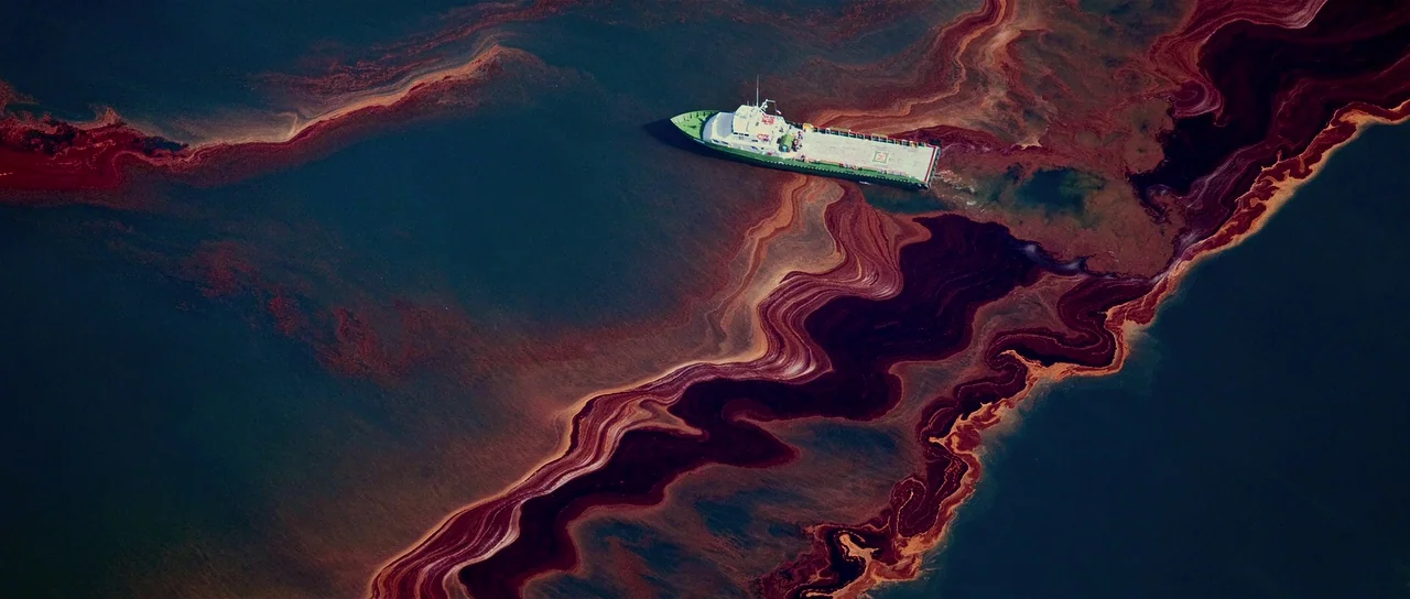 The East (2013) movie still: wide — An aerial view shows a white boat floating on a deep blue sea. Thick, dark ribbons of brown oil stretch across…