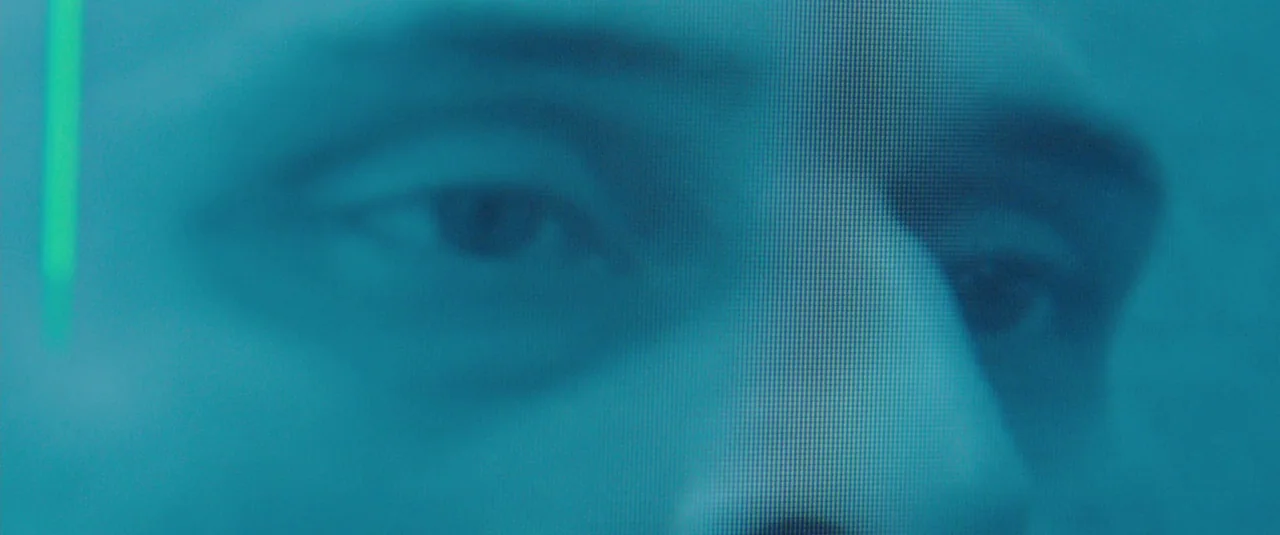 Catch Me Daddy (2014) movie still: closeup — A close-up of human eyes viewed through a digital screen mesh overlay. A thin vertical green line is…