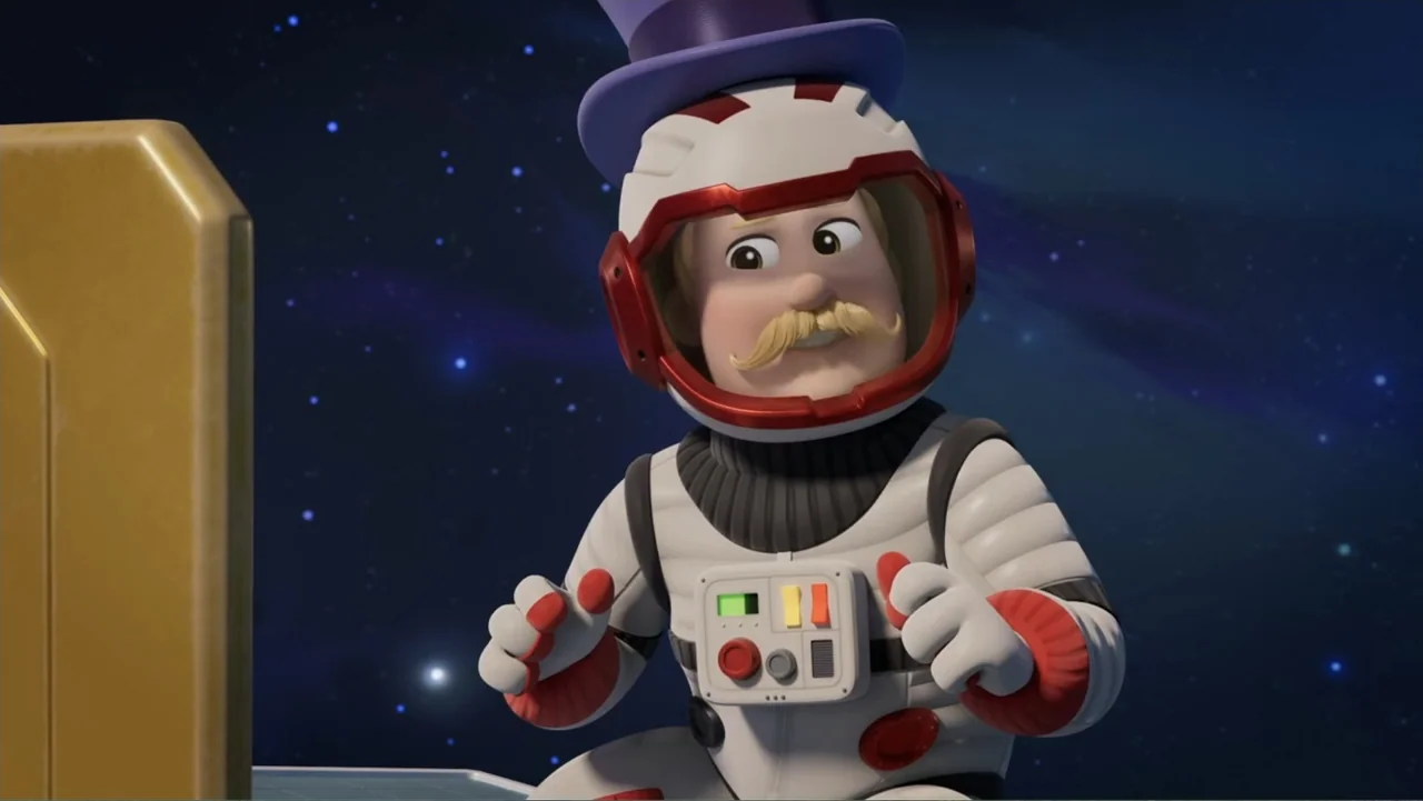 PAW Patrol: Air Rescue (2025) movie still: medium — A cartoon astronaut wearing a purple top hat floats in outer space. The character looks toward…
