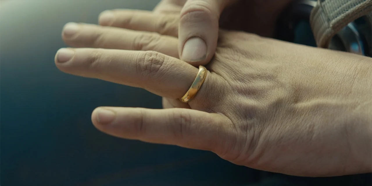Fall (2022) movie still: closeup — A close-up view shows a hand inside a vehicle interior with textured upholstery. A person manipulates a plain…