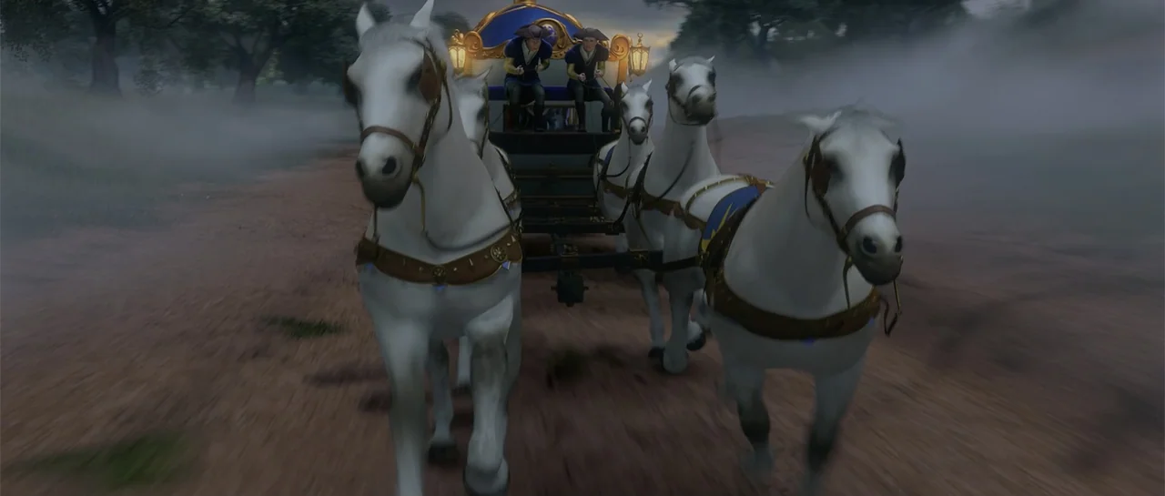 Shrek Forever After (2010) movie still: fullbody — A horse-drawn carriage travels along a dirt path amidst a thick, low-lying fog. Four white horses…