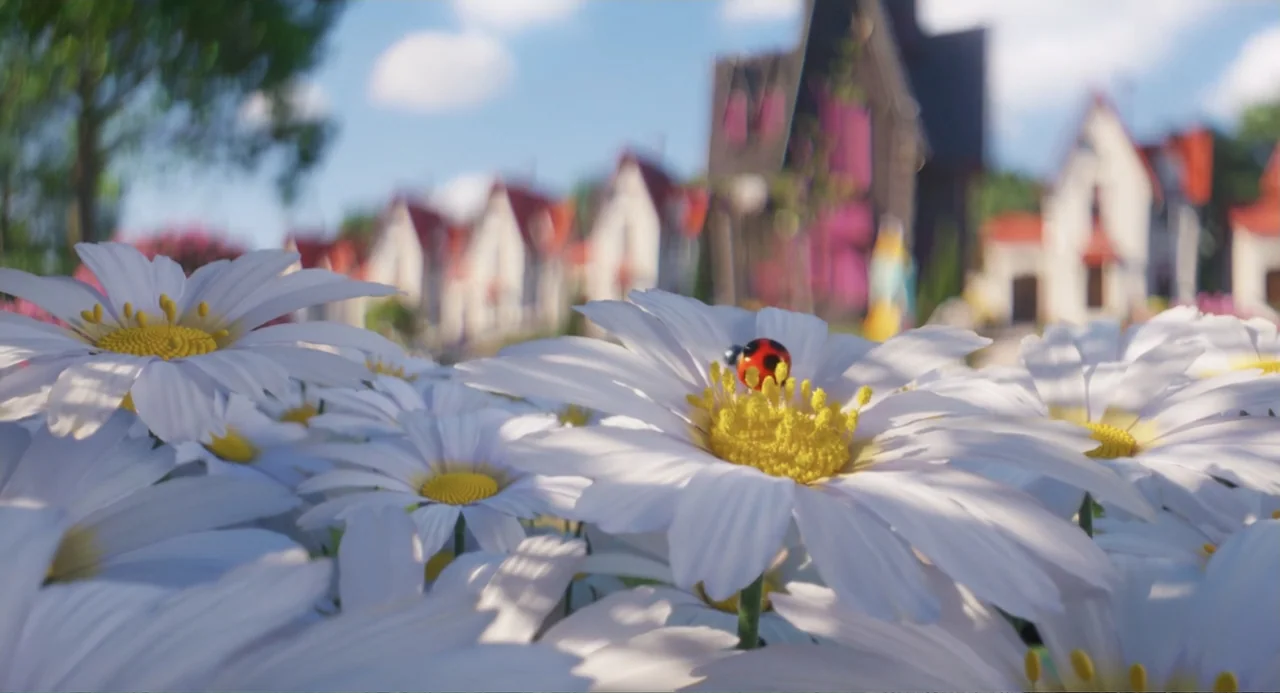 Despicable Me 4 (2024) movie still: closeup — A cluster of white daisies grows in a field under a bright blue sky. A single ladybug sits on the…