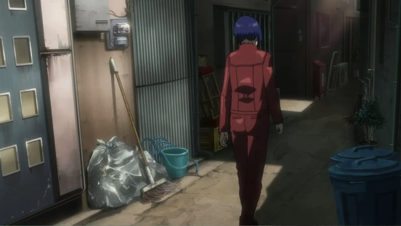 Ghost in the Shell: Arise - Border 1: Ghost Pain (2013) movie still: fullbody — A narrow urban walkway features metal siding, plastic bags, and…