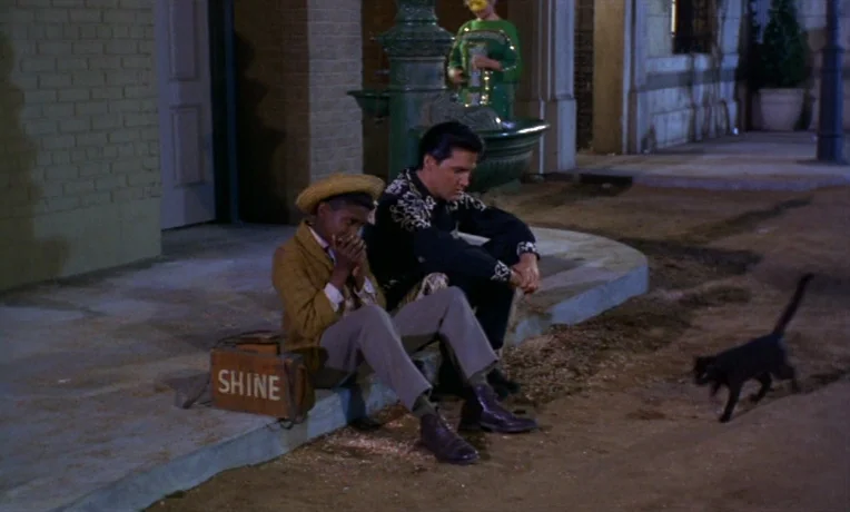 Frankie and Johnny (1966) movie still: fullbody — A man and a boy sit on a curb at night near a decorative fountain. A black cat walks past them on…