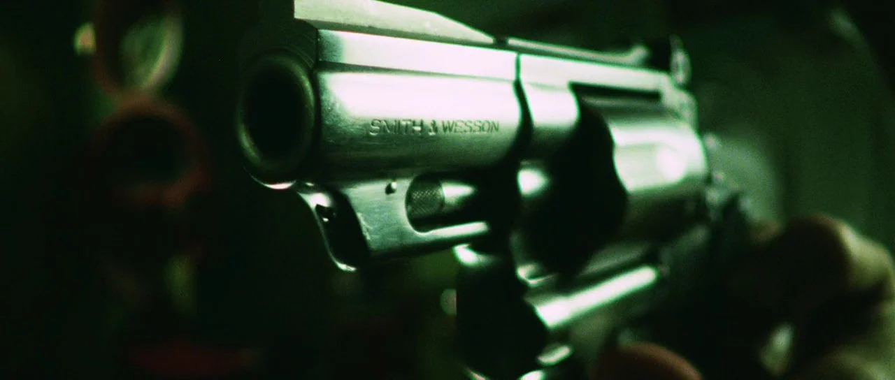 Dawn of the Dead (2004) movie still: closeup — A stainless steel revolver is held in the foreground against a dark background. The weapon is angled…