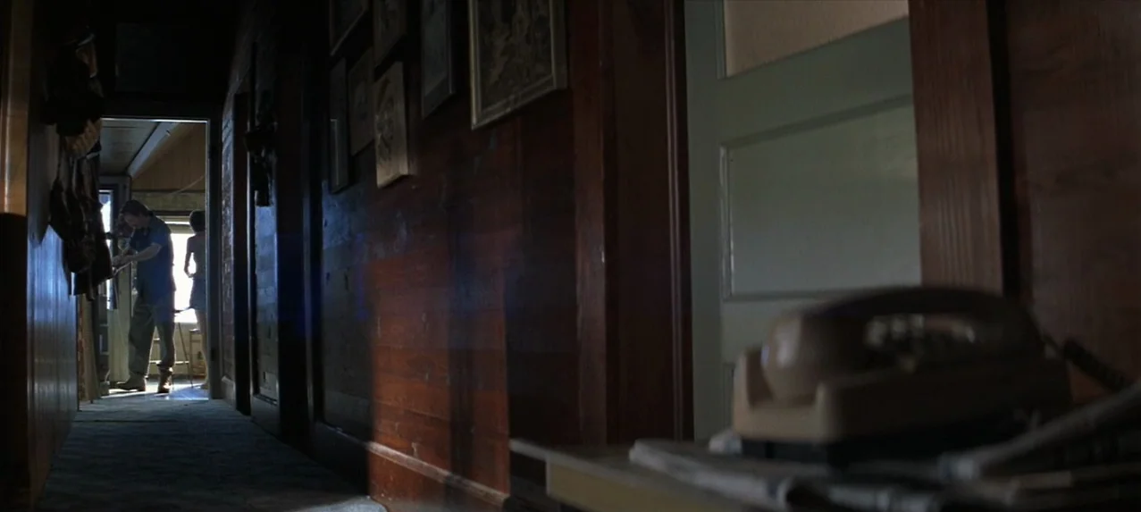 Great Expectations (1998) movie still: wide — A long, dark hallway with wooden paneled walls features a telephone in the foreground. Two people…