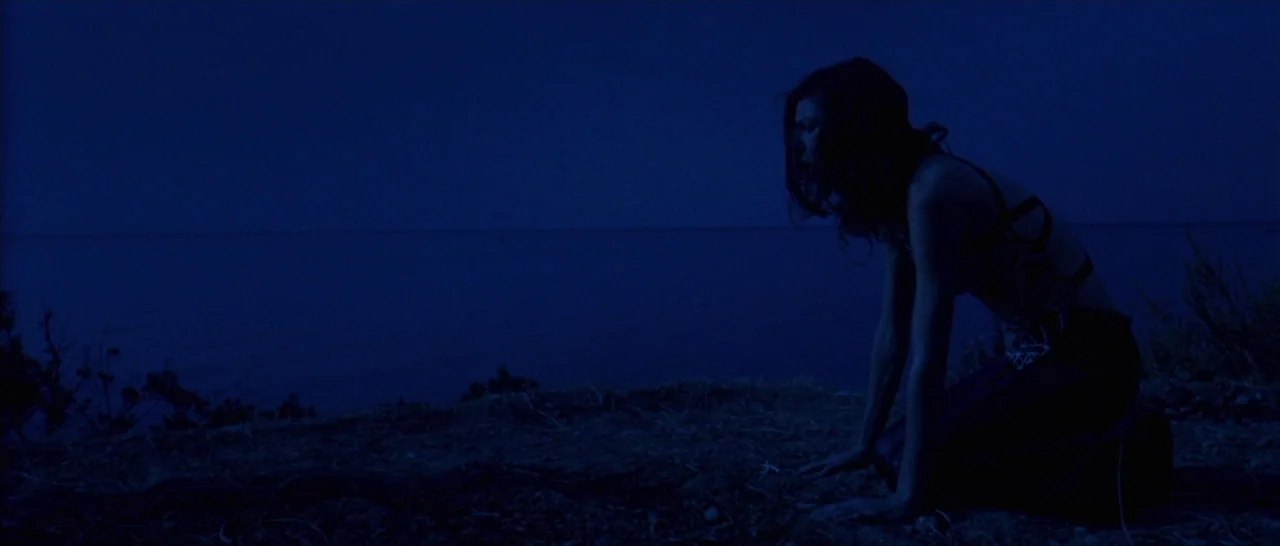 Amer (2009) movie still: fullbody — A dark, uneven cliffside overlooks a large body of water at deep night. A young woman kneels in the dirt, her…