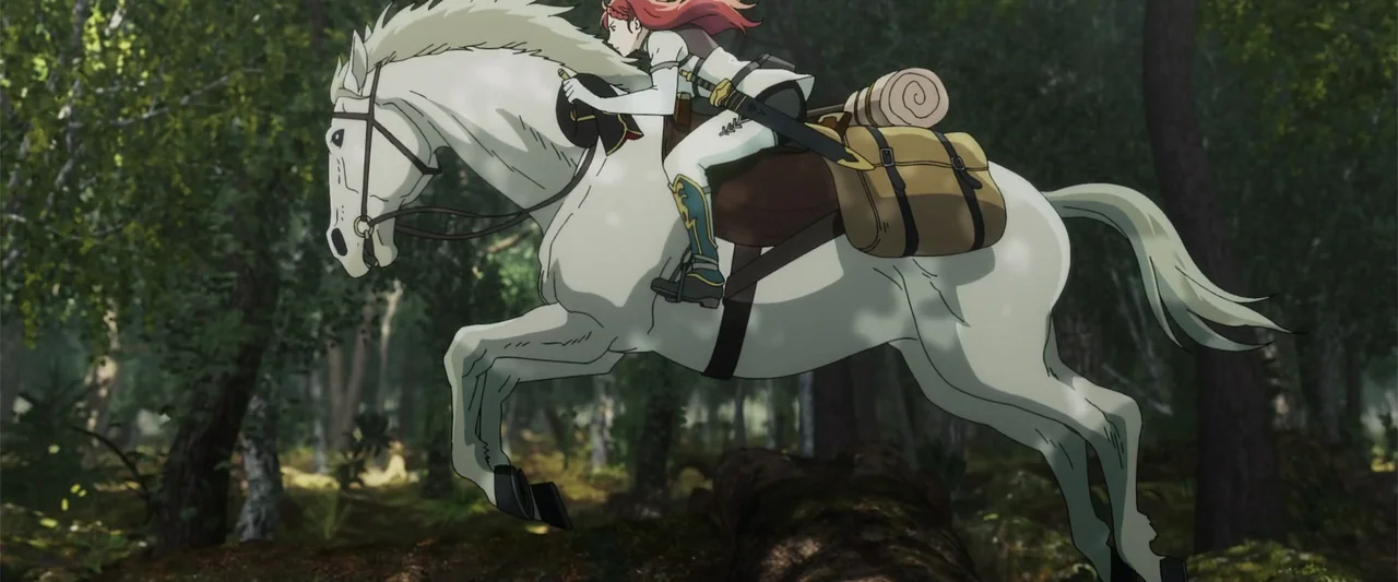 The Lord of the Rings: The War of the Rohirrim (2024) movie still: medium — A dense woodland with dark trunks and dappled sunlight filtering through…