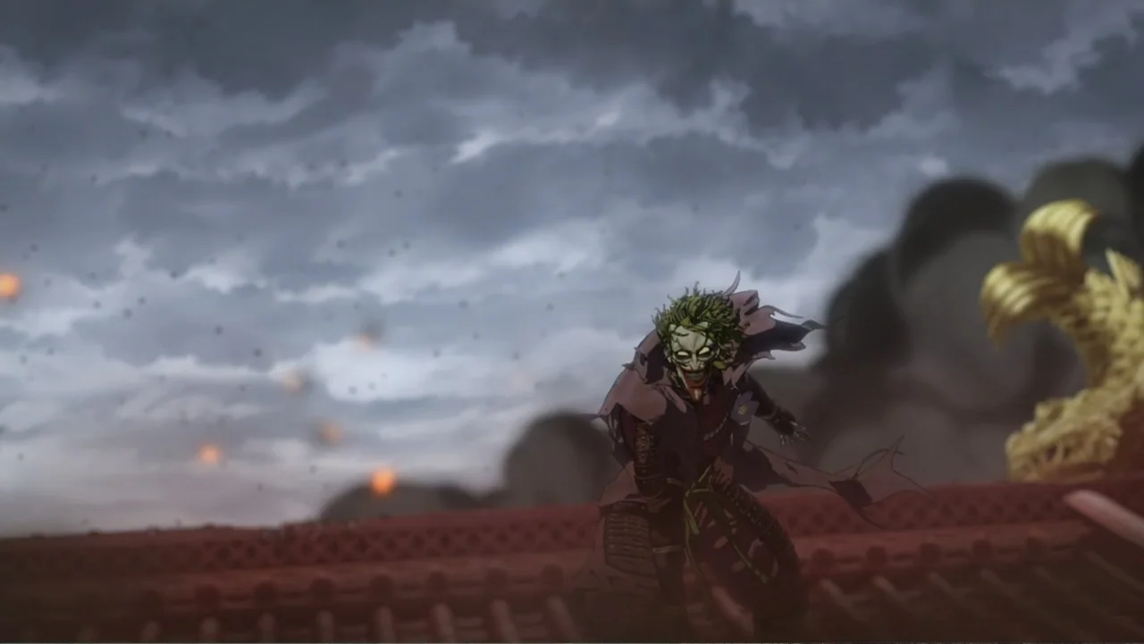 Batman Ninja vs. Yakuza League (2025) movie still: medium — A dark, cloudy sky hangs over a traditional tiled roof structure with golden ornaments.…