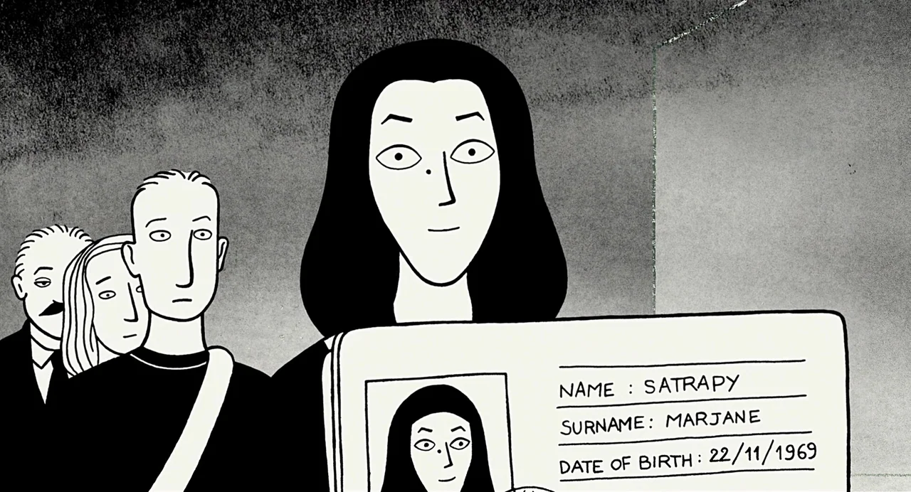 Persepolis (2007) movie still: medium — A stark black and white hand-drawn scene features a woman presenting a document. She holds an identification…
