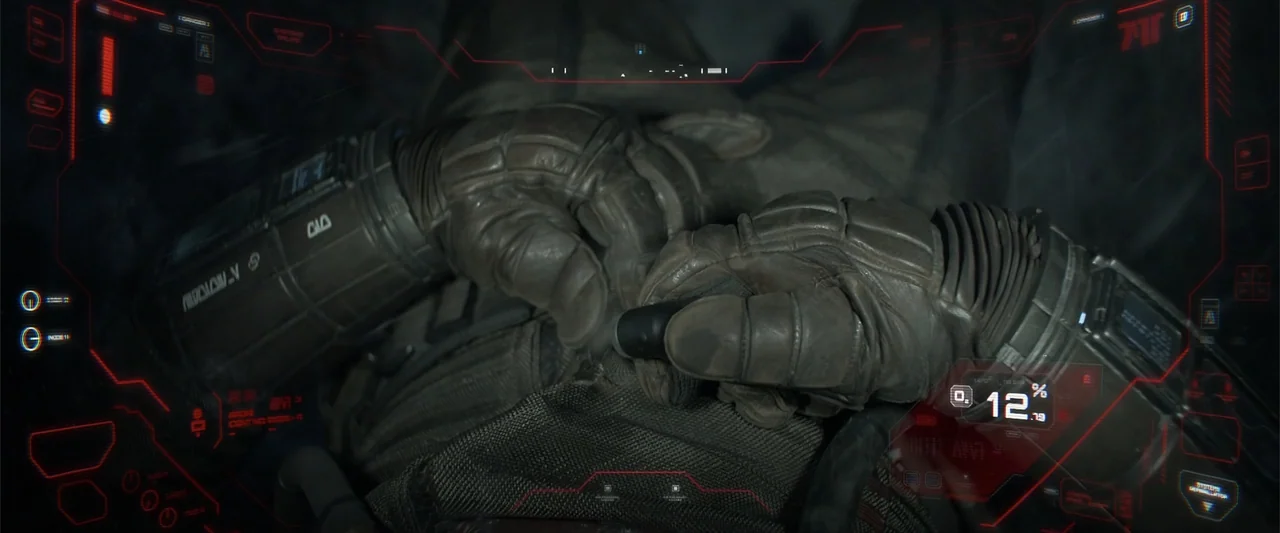 DISTANT (2026) movie still: closeup — A close view of gloved hands resting in a dimly lit, high-tech interior environment. Red digital data overlays…