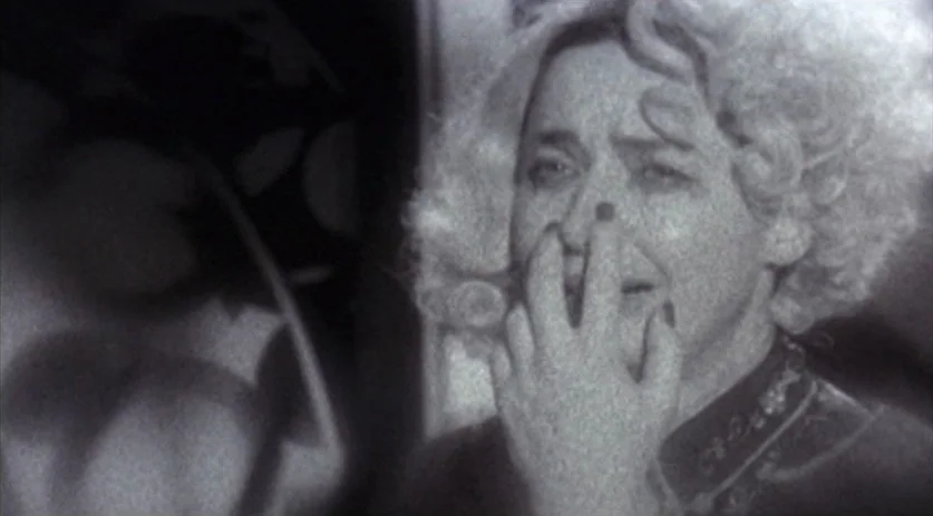 The Saddest Music in the World (2003) movie still: closeup — A dimly lit room features a woman with curly hair against a dark background. She…